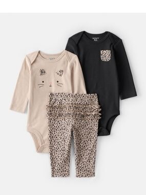 New Carter's 3-Piece Leopard Bodysuit & Ruffle Legging Set - Black & Beige